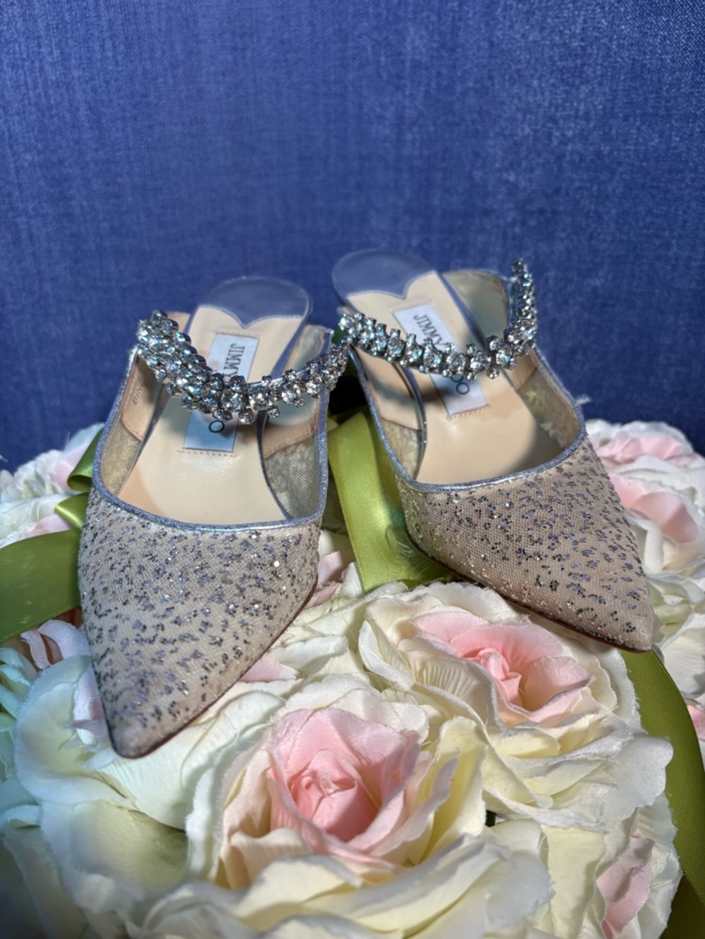 Jimmy Choo Blush Pink Glitter Pointed Toe Crystal-Embellished Mules